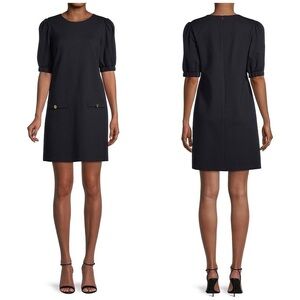 Eliza J Embellished Crewneck Puff-Sleeve Shift Short Dress in Navy Blue